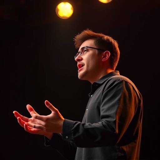 Een acteur die met passie een dramatische monoloog voordraagt