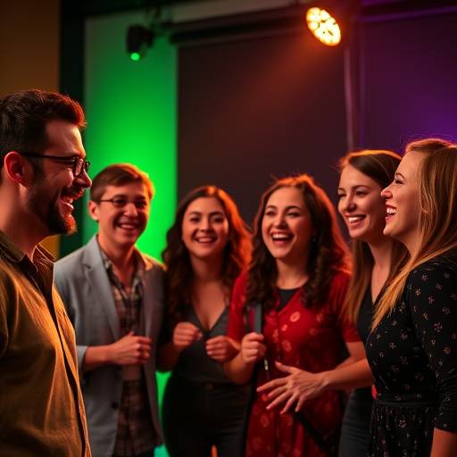 Een groep acteurs die lachend een improvisatiespel doen