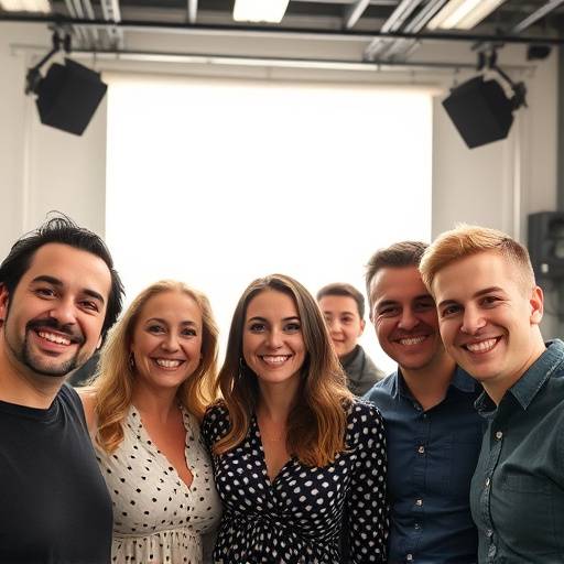 Een groep lachende acteurs tijdens een oefening in een lichte studio