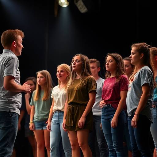 Een groep studenten die acteert op een podium